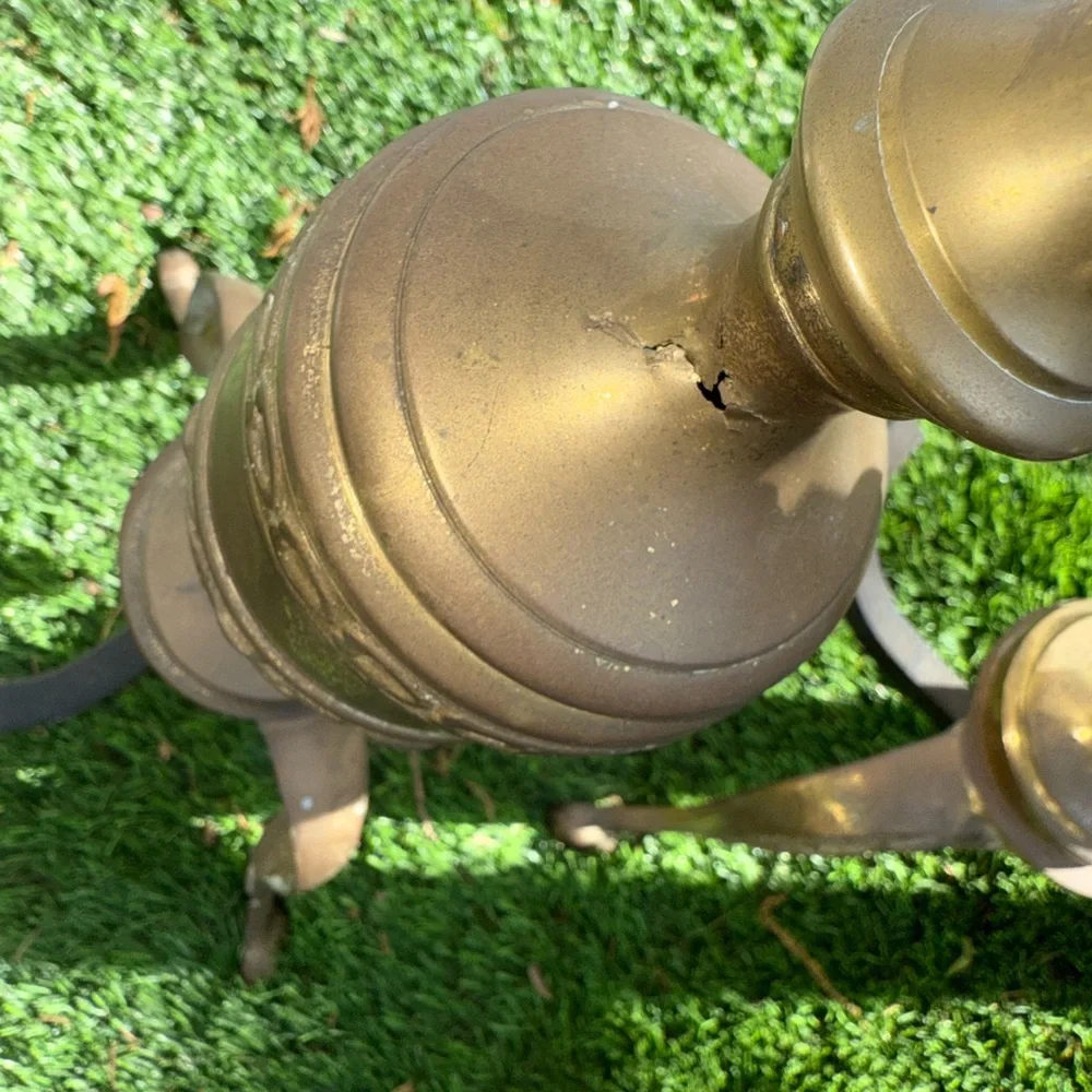 Pair of Vintage‎ Brass Andirons Ornate Very Nice